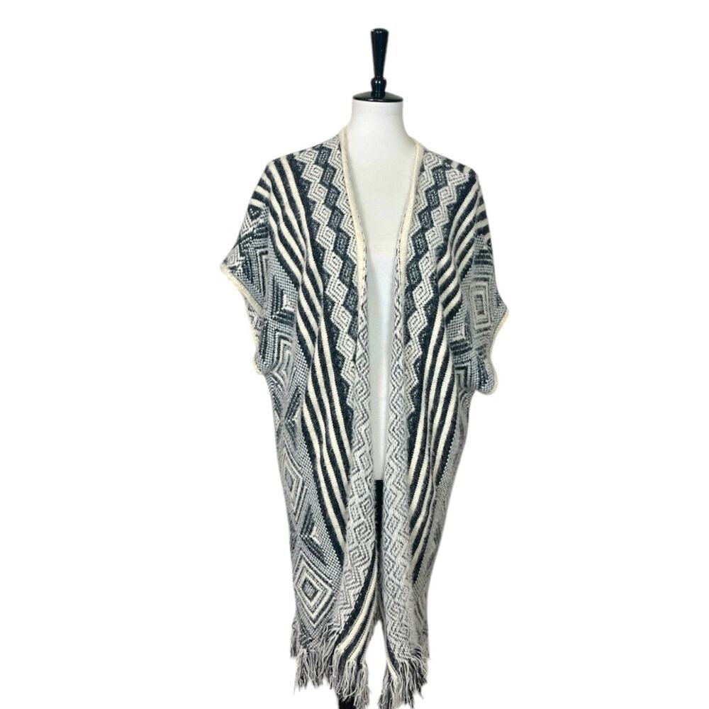 Emory Park Long Fringe Cardigan Sweater Open Front Cream Gray Boho Women’s Large